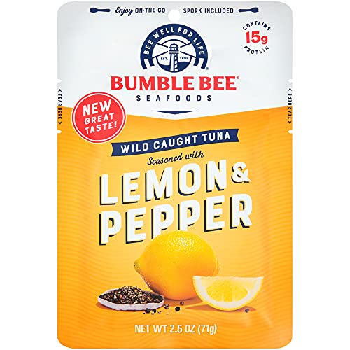 BUMBLE BEE Lemon & Pepper Seasoned Tuna, 2.5 oz. Pouch with Spoon (Pack of 12), Wild Caught Tuna Fish, Tuna Pouch, High Protein, Keto Food, Keto Snack, Gluten Free, Paleo Food