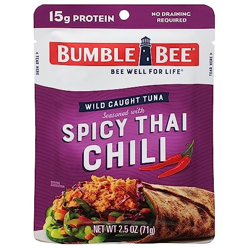 Book Cover Bumble Bee Spicy Thai Chili Seasoned Tuna, 2.5 oz Pouches (Pack of 12) - Ready to Eat - Wild Caught Tuna Pouch - 15g Protein per Serving - Gluten Free