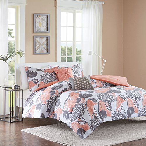 Book Cover Intelligent Design Comforter Set Vibrant Floral Design, Teen Bedding for Girls Bedroom Mathcing Sham, Decorative Pillow, Full/Queen, Marie, Coral