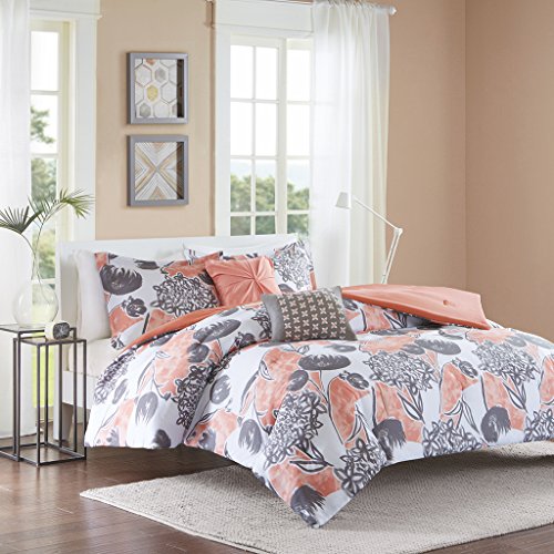 Intelligent Design Comforter Set Vibrant Floral Design, Teen Bedding for Girls Bedroom Mathcing Sham, Decorative Pillow, Full/Queen, Marie, Coral