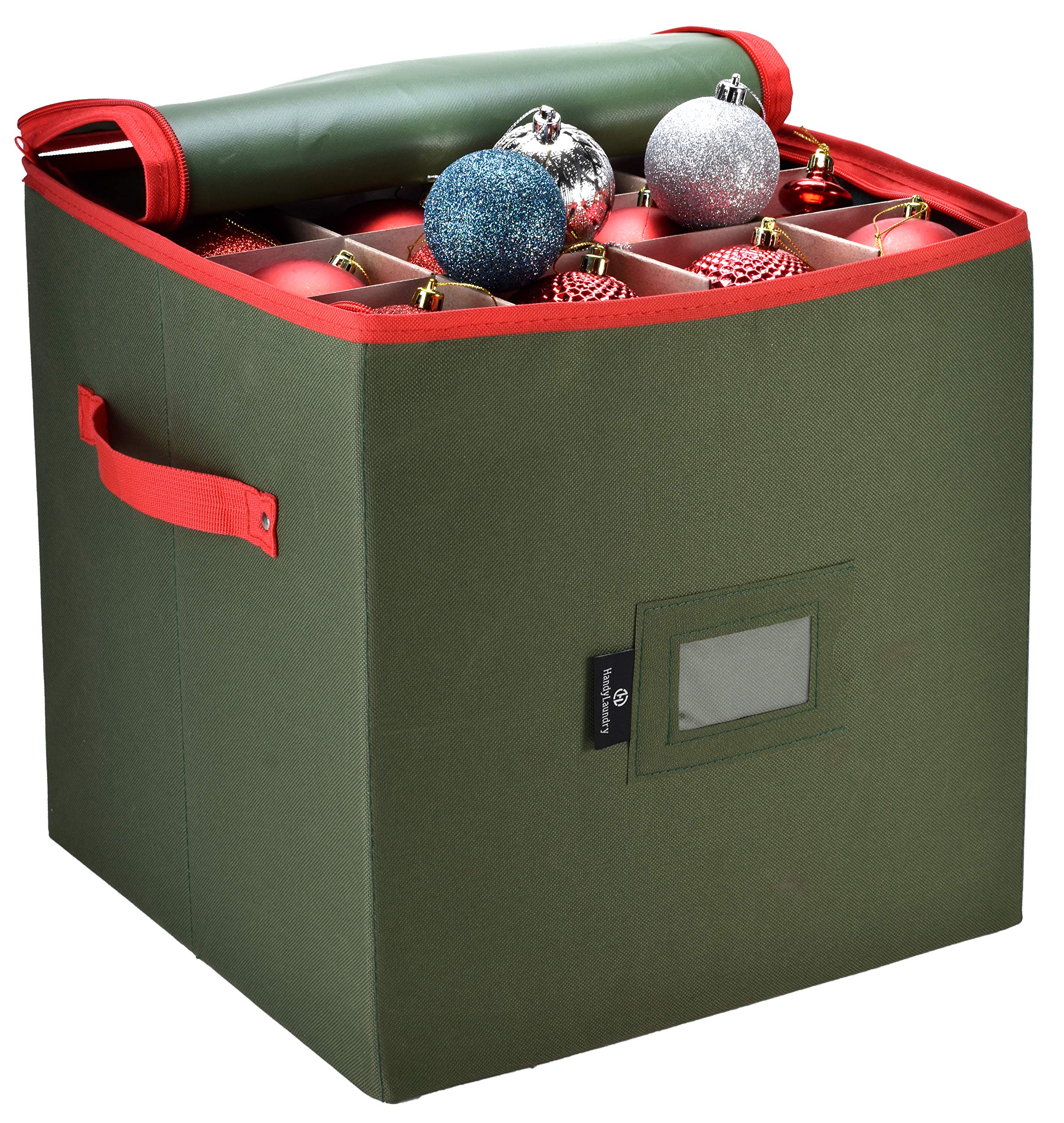 Book Cover Christmas Ornament Storage - Stores up to 64 Holiday Ornaments, Adjustable Dividers, Covered Top, Two Handles. Attractive Storage Box Keeps Holiday Decorations Clean and Dry for Next Season. (Green) Green Zippered-Top