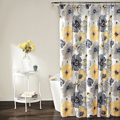Book Cover Lush Decor Leah Shower Curtain - Bathroom Flower Floral Large Blooms Fabric Print Design, 72â€ x 72â€, Yellow/Gray