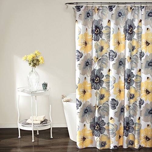 Lush Decor Leah Shower Curtain - Bathroom Flower Floral Large Blooms Fabric Print Design, 72â€ x 72â€, Yellow/Gray