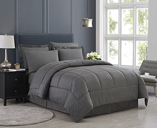 Book Cover Sweet Home Collection 8 Piece Comforter Set Bag with Unique Design, Bed Sheets, 2 Pillowcases & 2 Shams & Bed Skirt All Season Warmth, Queen, Dobby Gray