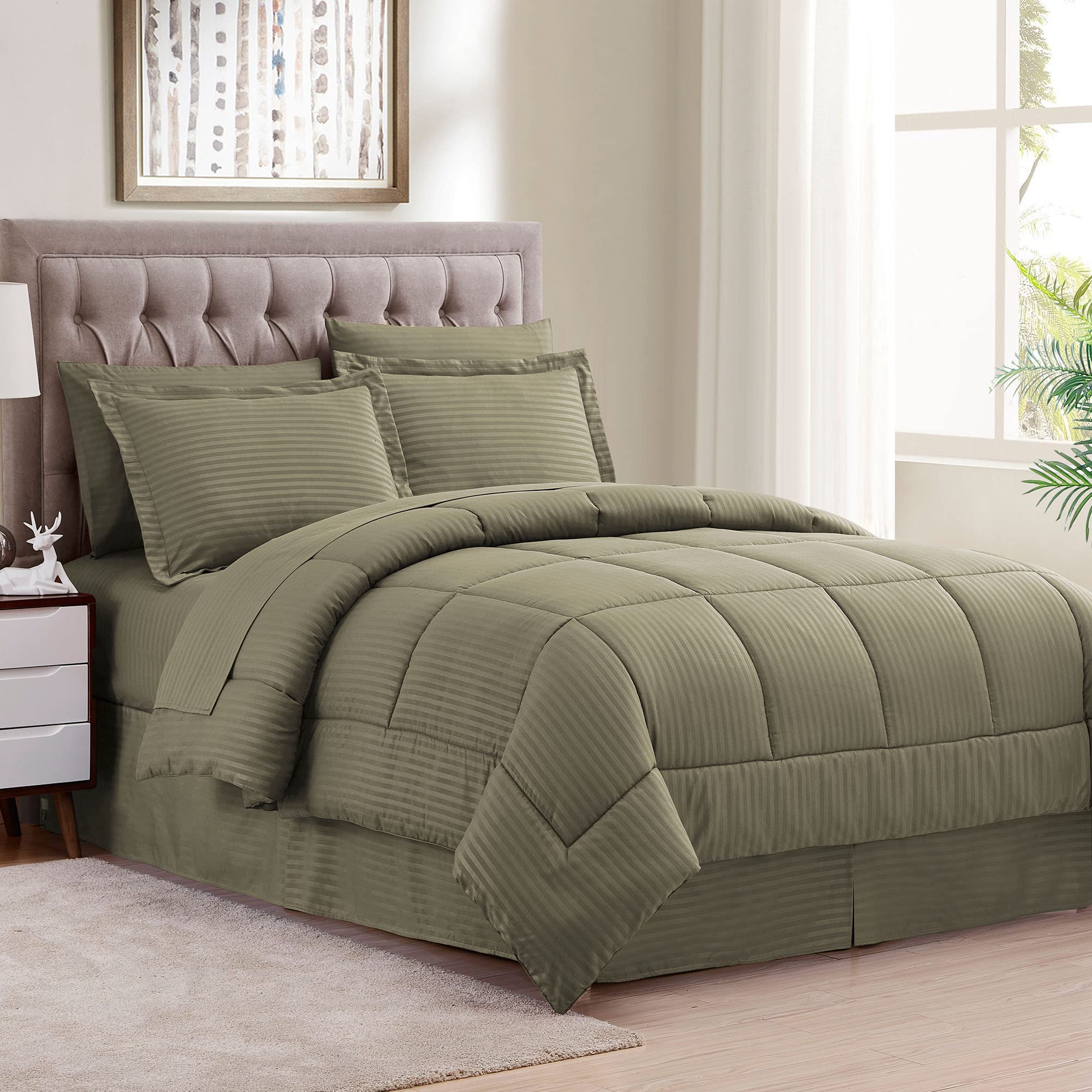 Book Cover Sweet Home Collection 8 Piece Bed In A Bag with Dobby Stripe Comforter, Sheet Set, Bed Skirt, and Sham Set - Queen - Sage