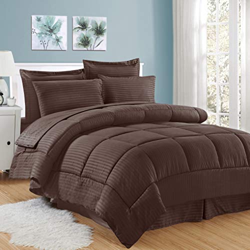 Sweet Home Collection 8 Piece Comforter Set Bag with Unique Design, Bed Sheets, 2 Pillowcases & 2 Shams & Bed Skirt All Season Warmth, Queen, Dobby Chocolate