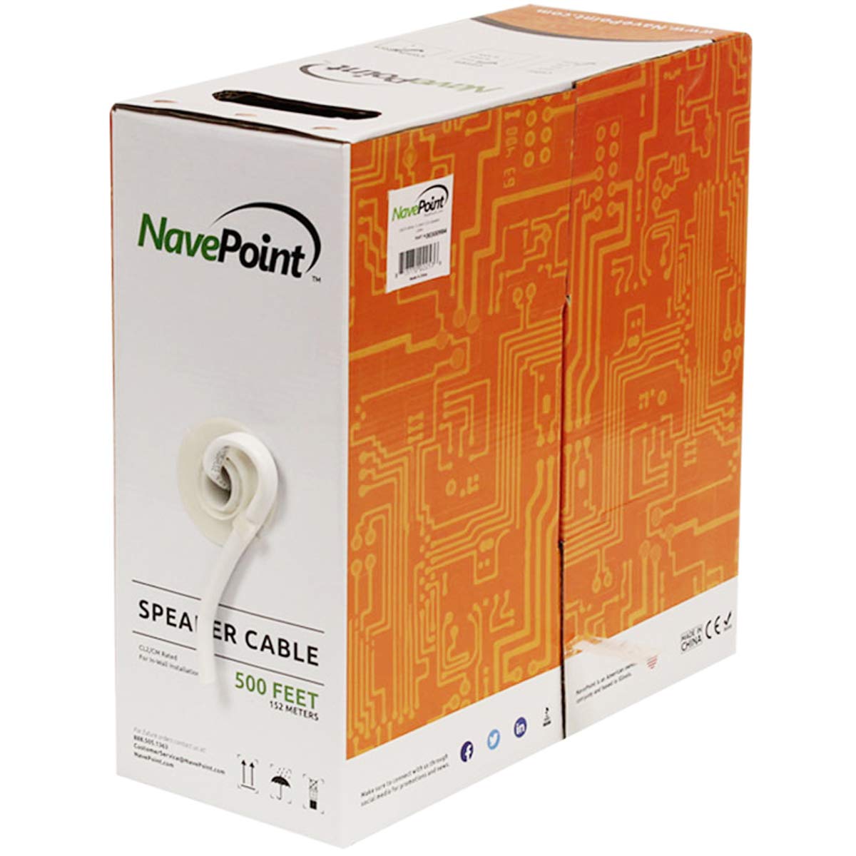 NavePoint 500ft in Wall Audio Speaker Cable Wire CL2 14/2 AWG Gauge 2 Conductor Bulk White