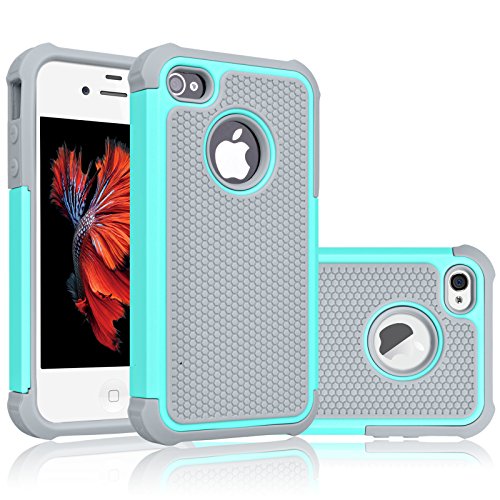 Tekcoo for iPhone 4S Case, iPhone 4 / 4G Cover, [Tmajor] Shock Absorbing Hybrid Best Impact Defender Rugged Slim Grip Bumper Cover Shell Plastic Outer & Rubber Silicone Inner [Turquoise/Grey]