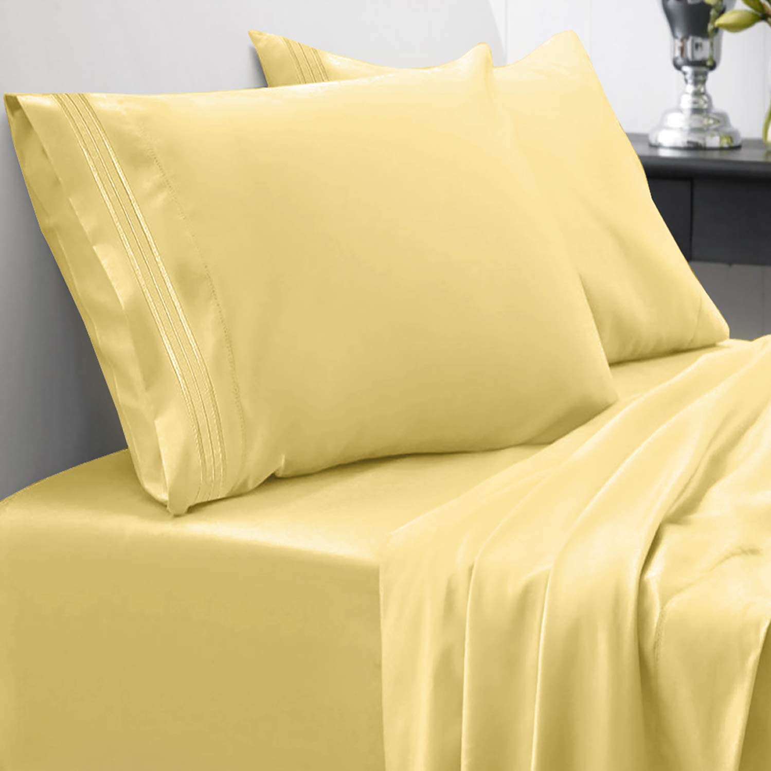 Book Cover King Size Sheets - Breathable Luxury Bed Sheets with Full Elastic & Secure Corner Straps Built In - 1800 Supreme Collection Extra Soft Deep Pocket Bedding Set, Sheet Set, King, Yellow Yellow King Sheet Set