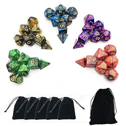 Smartdealspro 5 x 7-Die Series Two Colors Dungeons and Dragons DND RPG MTG Table Games Dice with Free Pouches