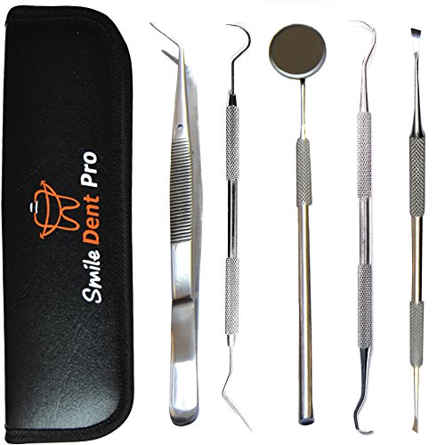 Book Cover Dental Tools Smile Dent Pro Kit, Stainless Steel Dental Scaler, Mouth Mirror, Tarter Scraper, Tooth Pick, Tweezers, Plaque And Calculus Remover Dentist Hygiene Instruments Set For Home & Pet Oral Use