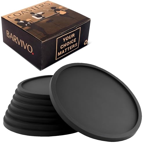 Barvivo Silicone Coasters with Holder Set of 8 - Cup Coasters for Indoor and Outdoor, Perfect Durable Coaster for Tabletop Protection, Anti Slip, Suitable for All Drinks & Table Types - Black