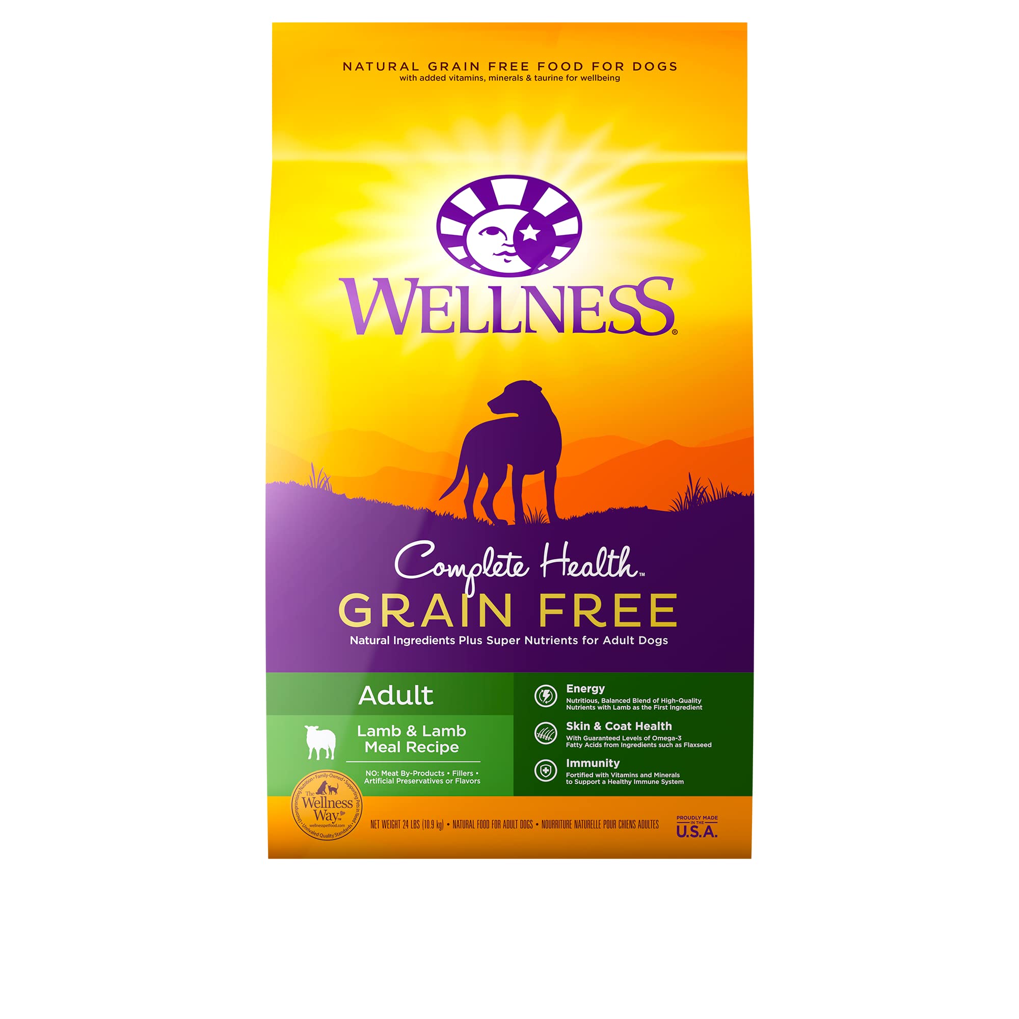 Wellness Complete Health Grain-Free Dry Dog Food, Natural Ingredients, Made in USA with Real Meat, For All Lifestages (Lamb, 24-Pound Bag) Lamb 24 Pound (Pack of 1)