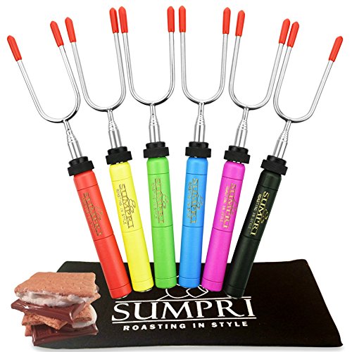 Book Cover SUMPRI Marshmallow Roasting Sticks, Smores Skewers Telescoping Rotating Forks Set of 6 Hot Dog Fire Pit Outdoor Fireplace Campfire Accessories-6 Multicolored 34 Inch Extendable Steel Fork Camping Kit