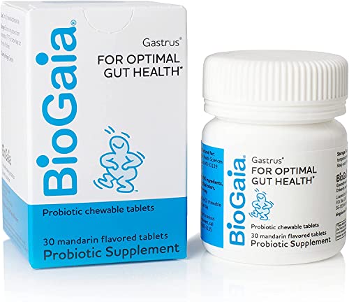 BioGaia Gastrus Chewable Tablets, Adult Probiotic Supplement for Stomach Discomfort, Constipation, Gas, Bloating, Regularity, Non-GMO, 30 Tablets, 1 Pack