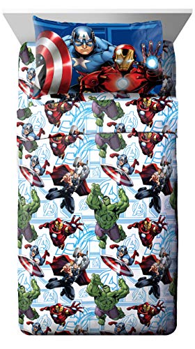 Book Cover Marvel Avengers Heroic Age Blue/White 3 Piece Twin Sheet Set with Captain America, Thor, Ironman & Hulk