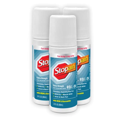 Stopain Pain Relief Roll On Gel 3oz (3 Pack) USA Made, Max Strength Fast Acting with MSM, Glucosamine, Menthol, Lower Back, Knee, Neck, HSA FSA Approved Topical Analgesic Products