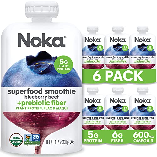 Book Cover NOKA Superfood Pouches (Blueberry Beet) 6 Pack | 100% Organic Fruit And Veggie Smoothie Squeeze Packs | Non GMO, Gluten Free, Vegan, 5g Plant Protein | 4.2oz Each