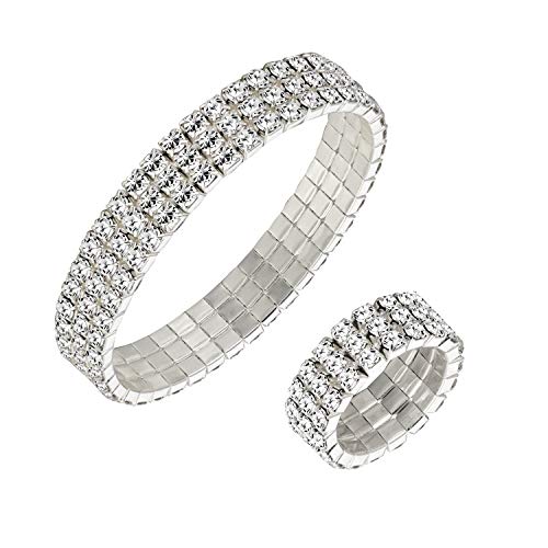 Miraculous Garden Women's 3-Row Silver Plated Crystal Rhinestone Elestic Stretch Ring Bracelet Set Wedding Rings Tennis Bracelet for Mother's Day
