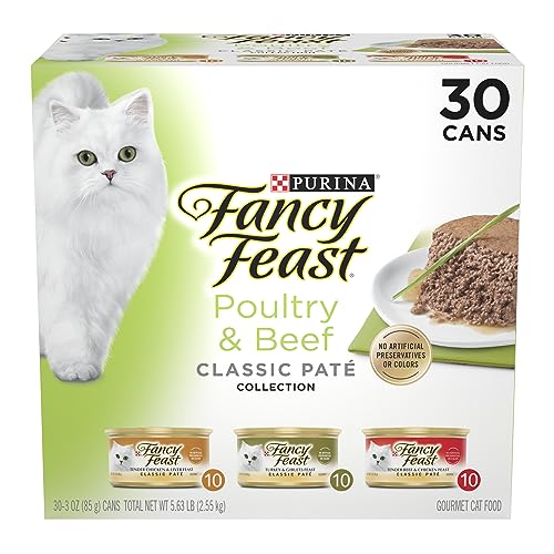 Purina Fancy Feast Grain Free Pate Wet Cat Food Variety Pack, Poultry & Beef Collection - (30) 3 oz. Cans Classic Pate Variety Pack Poultry & Beef 3 Ounce (Pack of 30)