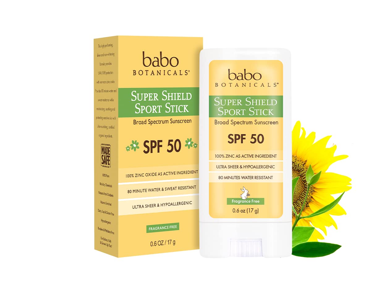 Book Cover Babo Botanicals Super Shield Zinc Sport Stick Sunscreen SPF 50 with Soothing Organic Ingredients, Non-Nano, Fragrance Free, for Baby, Kids or Sensitive Skin, Yellow, Unscented, 0.6 Ounce 0.6 Ounce (Pack of 1)
