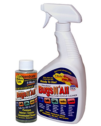 Bugs N All - Best All Purpose Interior & Exterior Vehicle Cleaner & Bug Remover. 4oz. Concentrate Makes 2 Quarts. Includes: Empty 1 Qt. Spray Bottle - Safe on Wax, Clear Coat, Paint & Decals.