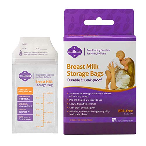 Milkies Breastmilk Storage Bags, Pre-Sealed & Ready to Use Plastic Bags for Storing & Freezing Breast Milk, Double Zipper & Reinforced Sides, Use with Milkies Freeze Organizer, Holds 7oz, 50 Count