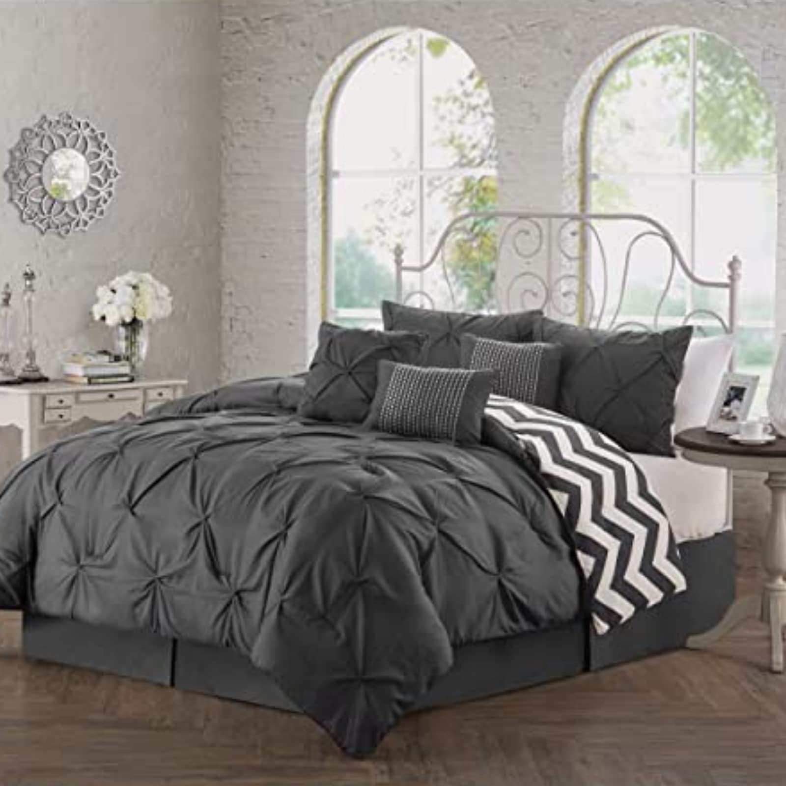 Book Cover Avondale Manor 7-Piece Ella Comforter Bed Set - Reversible Ultra-Soft Pinch Pleat Charcoal Bedding Comforter Set with 3 Decorative Pillows for Queen Bed, Hypoallergenic, 7 Pieces, Queen Charcoal Charcoal Queen