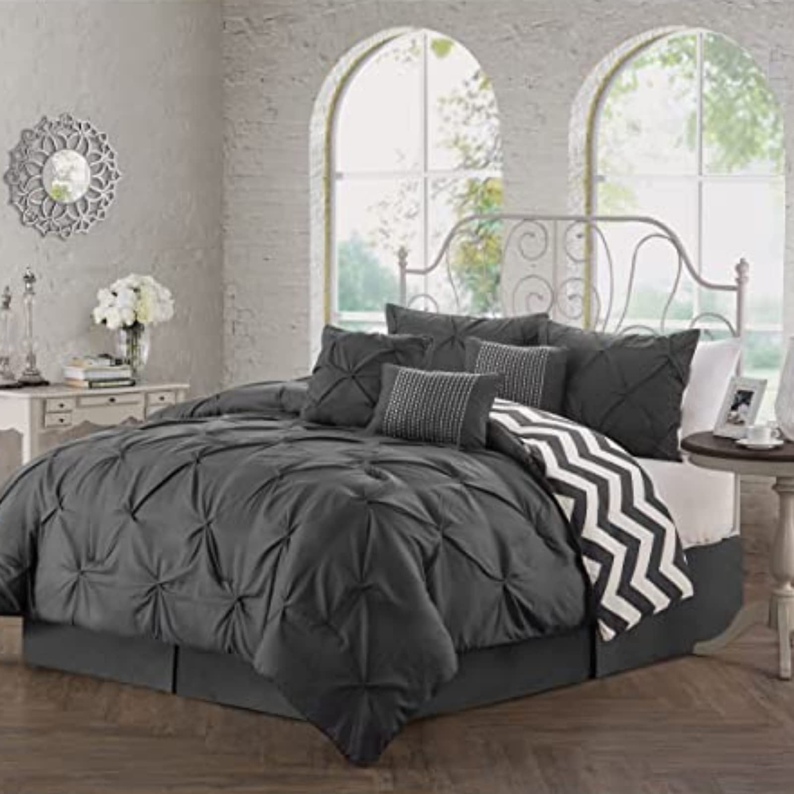 Avondale Manor 7-Piece Ella Comforter Bed Set - Reversible Ultra-Soft Pinch Pleat Charcoal Bedding Comforter Set with 3 Decorative Pillows for Queen Bed, Hypoallergenic, 7 Pieces, Queen Charcoal Charcoal Queen