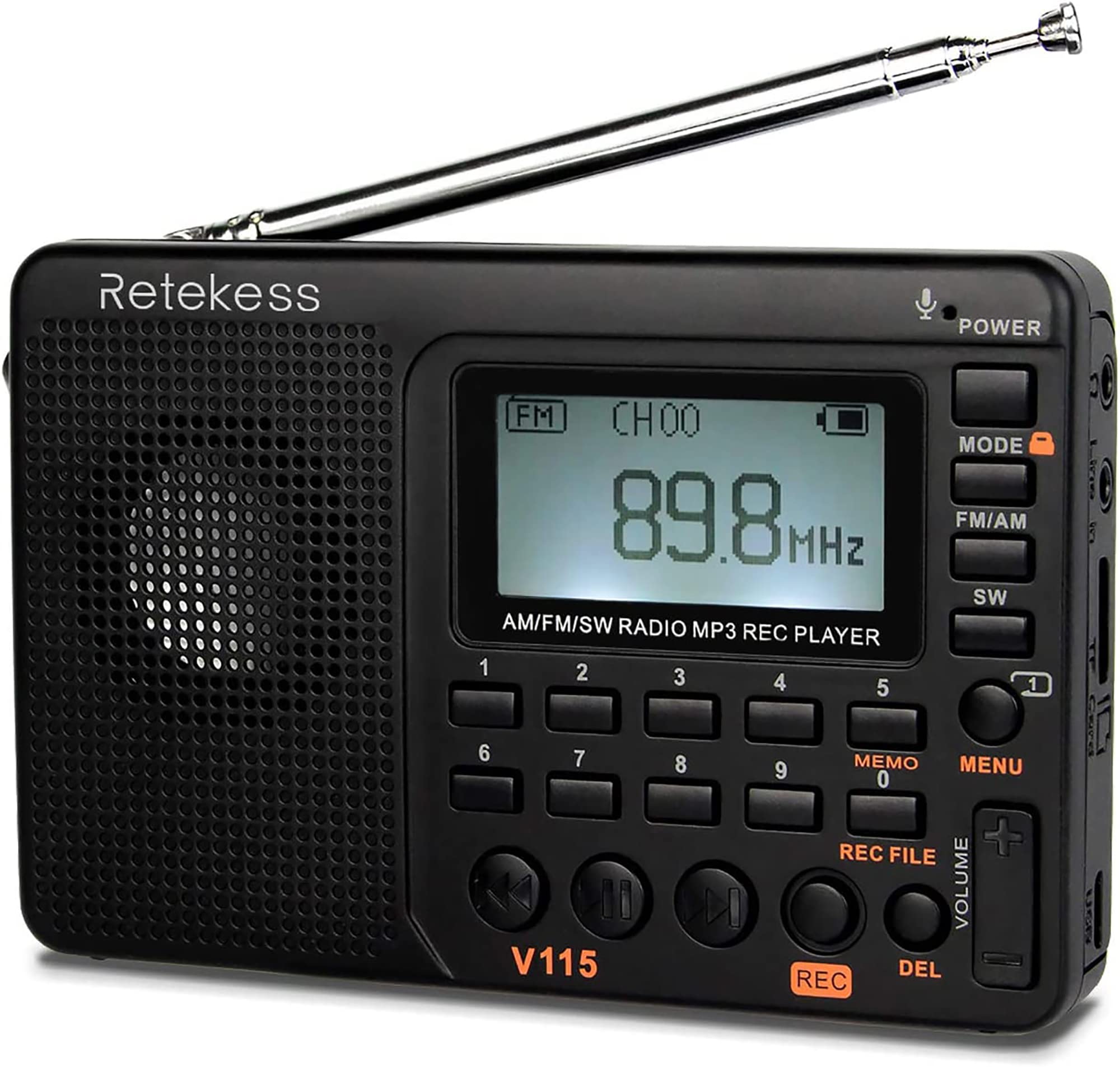 Book Cover Retekess V115 Digital Radio AM FM, Portable Shortwave Radios, Rechargeable Radio Digital Tuner and Presets, Support Micro SD and AUX Record, Bass Speaker.