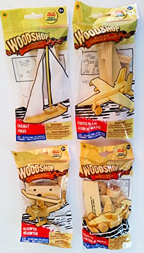 Book Cover Woodshop DIY Wood Model Kits - Fighter Plane, Race Car, Helicopter (and Sailboat OR Pirate Ship) Kids Set of 4