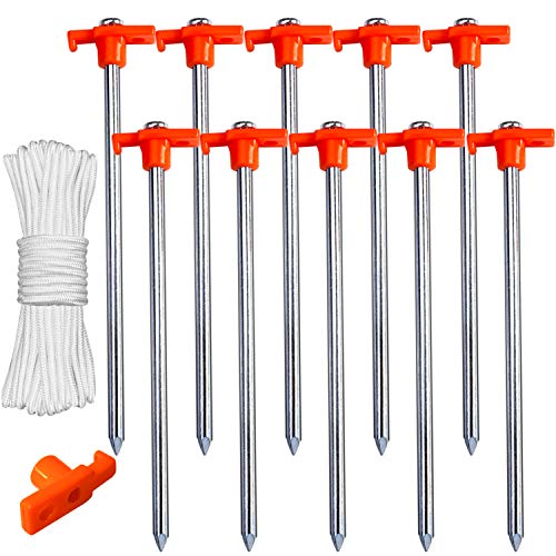 ABCCANOPY 25CM Tent Pegs Metal Tent Stakes Garden Gazebo Peg Accessories,Camping Tent,Patio Shade, Hiking, Bonus 4pcs 10ft Ropes & 1 PVC top (10pcs)