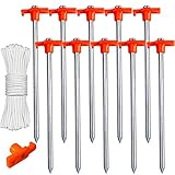 ABCCANOPY 11 Inch Tent Stakes 10 Pcs Non-Rust Metal Ground Anchors, Heavy Duty Spikes with 4 Ropes for Outdoor Camping, Orange
