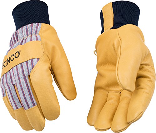 Kinco 1927KW-L-1 Premium grain pigskin palm, OttoTM striped fabric back, Snug 100% polyester knit wrist to retain warmth, Heatkeep lining, Size: L