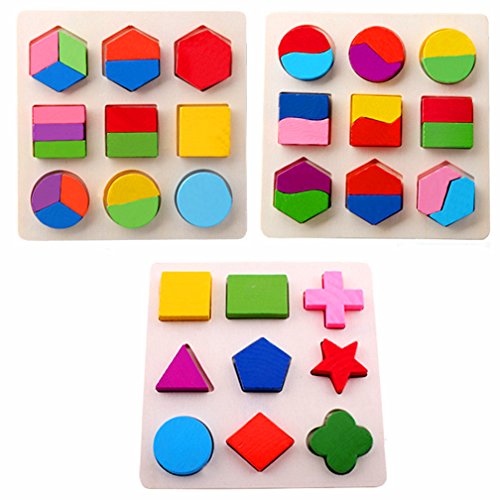 Amberetech Wooden Toys Montessori Color Math Shapes Geometric Puzzles,5.9inches,Pack of 3