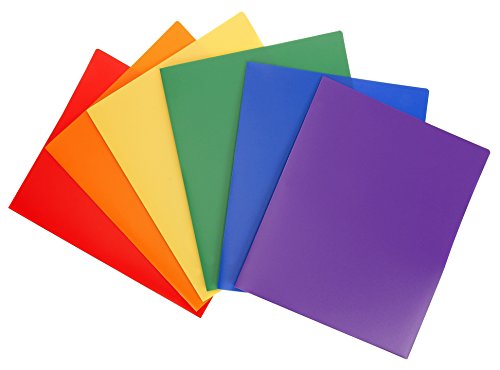 Book Cover STEMSFX 6 Pack Heavy Duty Plastic 2 Pocket Folder (Assorted Colors) for Letter Size Papers, Includes Business Card Slot