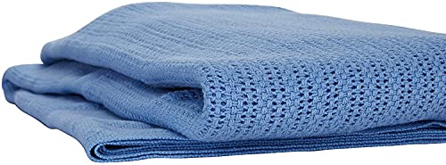 Linteum Textile Hospital Thermal Blanket, 100% Cotton, Breathable Open-Cell Weave Design (Blue, Twin)