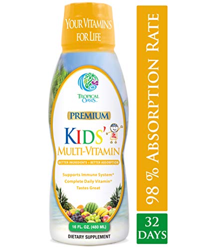 Book Cover Premium Kids Liquid Multivitamin & Superfood -100% DV of 14 Vitamins for Kids. Multi-Vitamin for Children Ages 4+. Great Tasting, Non-GMO, No Sugar - Max Absorption - 16 oz, 32 Serv