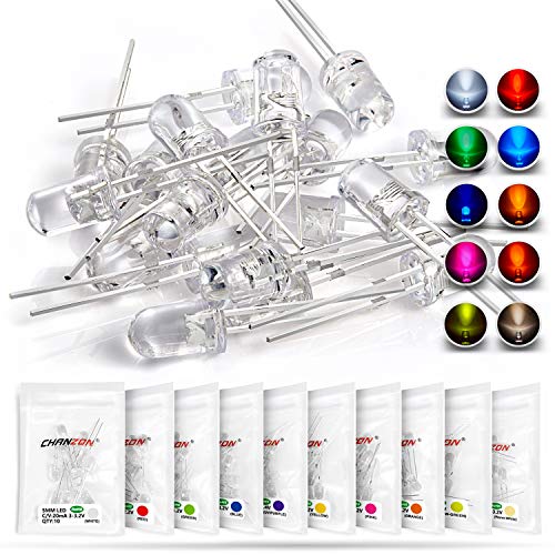 CHANZON 100pcs 5mm LED Diode Lights Assortment 10 Colors x 10pcs Diodes (Clear Transparent Lens) Emitting Lighting Bulb Lamp Assorted Kit Variety Color White Red Yellow Green Blue Orange UV Pink