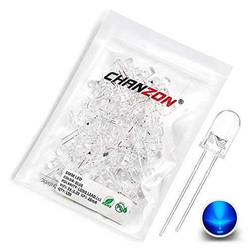 Chanzon 100 pcs 5mm Blue LED Diode Lights (Clear Round Transparent DC 3V 20mA) Super Bright Lighting Bulb Lamps Electronics Components Light Emitting Diodes