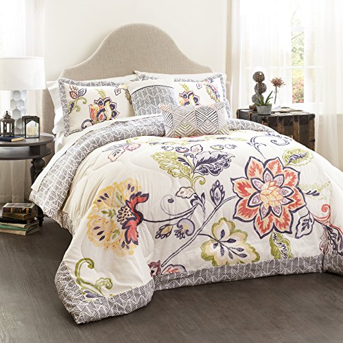 Book Cover Lush Decor Aster Comforter Flower Pattern Reversible 5 Piece Lightweight Bedding Set, Coral & Navy, King