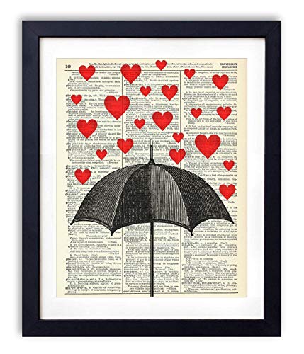 Raining Hearts Vintage Dictionary Art Print, Antique Wall Art Home Decor, Modern Boho Poster, Farmhouse Decoration Living Room Bedroom Office 8x10 Inches, Ready To Frame