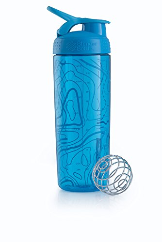 BlenderBottle SportMixer Signature Sleek Shaker Bottle, Topo Flow Aqua, 28-Ounce