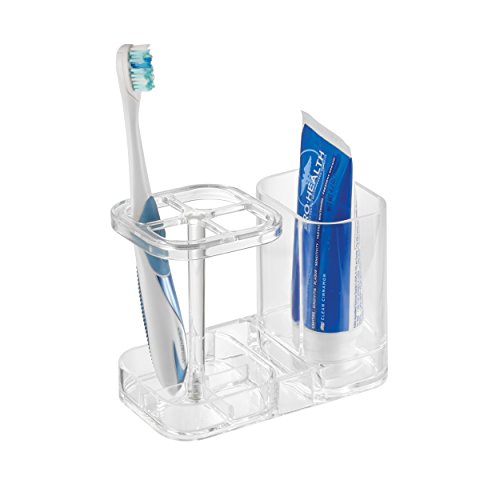 mDesign Bathroom Vanity Countertop Toothpaste & Toothbrush Holder Stand with Cup/Dental Center, Holds Electric Toothbrushes - Clear