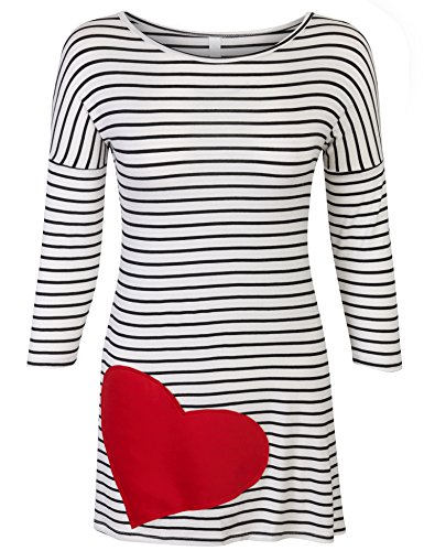 KOGMO Womens 3/4 Sleeve Stripe Cute Heart Tunic Top Shirts