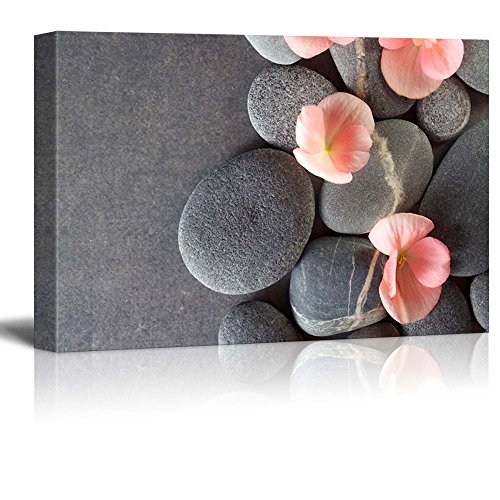 Book Cover wall26 - Peach Colored Flower on Smooth Zen Stones - Canvas Art Home Art - 16x24 inches
