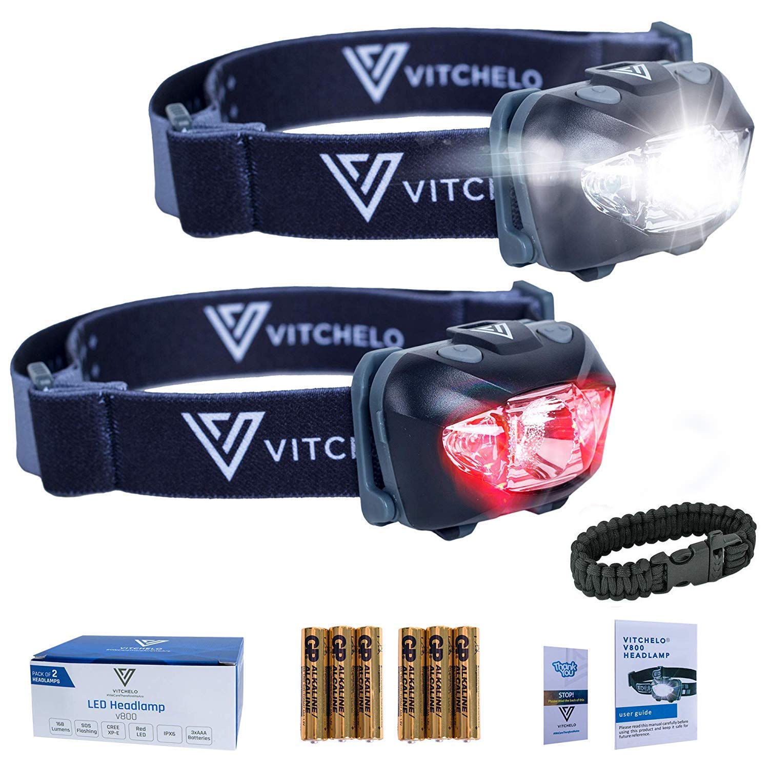 VITCHELO Headlamp White Flashlight - Red Safety Light - 6 Light Modes - Super Bright IPX6 Waterproof Adjustable Head Light - 3 AAA Batteries - Running, Jogging, Camping, Hiking, Cycling - Kids, Adults 2x Black