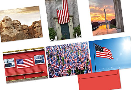 Note Card Cafe Patriotic Card with Red Envelopes | 72 Pack | Blank Inside, Glossy Finish | 6 Various Patriotic Scenery Designs | Bulk Set for Christmas, Thank You, Greetings