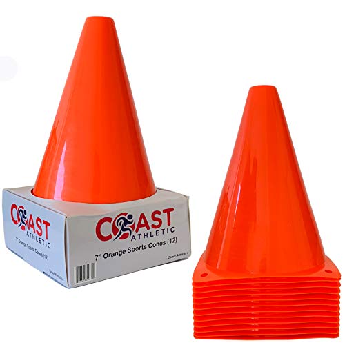 Coast Athletic 7-Inch Orange Sports Training Cones | Agility Soccer Marker Cones , 12 Pack Retail Packaged