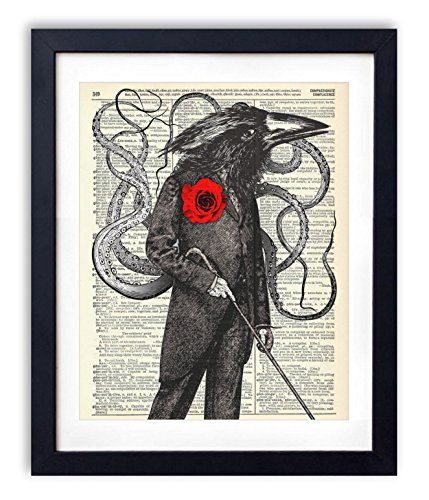 Gentleman Octo-Crow Upcycled Vintage Dictionary Art Print 8x10